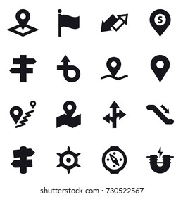 16 vector icon set : pointer, flag, up down arrow, dollar pin, singlepost, escalator, signpost, handwheel, compass