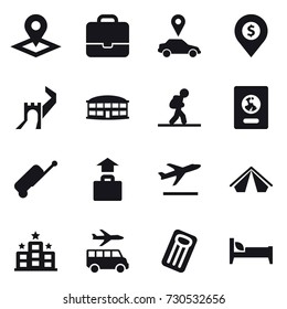 16 vector icon set : pointer, portfolio, car pointer, dollar pin, greate wall, airport building, tourist, passport, suitcase, baggage, departure, tent, hotel, transfer, inflatable mattress, bed