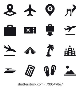 16 vector icon set : pointer, plane, dollar pin, greate wall, suitcase iocn, ticket, baggage get, departure, arrival, tent, palm, hotel, yacht, inflatable mattress, flip-flops, landscape