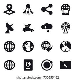 16 vector icon set : pointer, share, notebook globe, satellite antenna, eco car, cloude service, antenna, earth, globe, passport