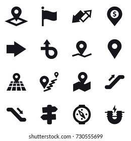 16 vector icon set : pointer, flag, up down arrow, dollar pin, right arrow, escalator, signpost, compass