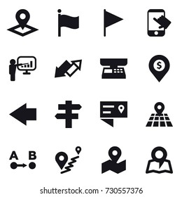 16 vector icon set : pointer, flag, touch, presentation, up down arrow, market scales, dollar pin, left arrow, singlepost, map