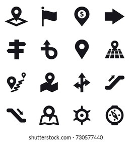 16 vector icon set : pointer, flag, dollar pin, right arrow, singlepost, escalator, map, handwheel, compass