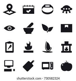 16 vector icon set : pointer, calendar, smart bracelet, ufo, windsurfing, fireplace, cutting board