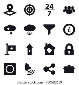 16 vector icon set : pointer, target, 24/7, group, cloude service, cloud wireless, funnel, info, tower, smart house, locked, ring button, bell, pan
