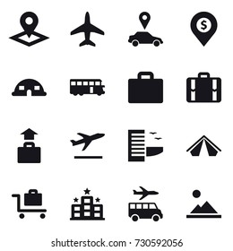 16 vector icon set : pointer, plane, car pointer, dollar pin, dome house, bus, suitcase iocn, suitcase, baggage, departure, hotel, tent, baggage trolley, transfer, landscape