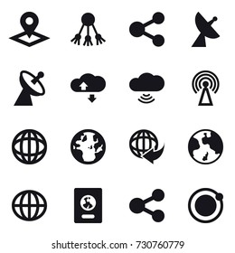 16 vector icon set : pointer, share, satellite antenna, cloude service, cloud wireless, antenna, earth, globe, passport