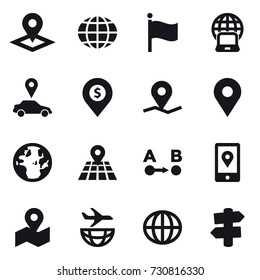 16 vector icon set : pointer, globe, flag, notebook globe, car pointer, dollar pin, signpost