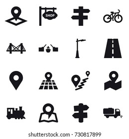 16 vector icon set : pointer, shop signboard, singlepost, bike, bridge, drawbridge, outdoor light, train, map, signpost, sweeper