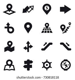 16 vector icon set : pointer, up down arrow, dollar pin, right arrow, escalator, map, signpost, handwheel, compass