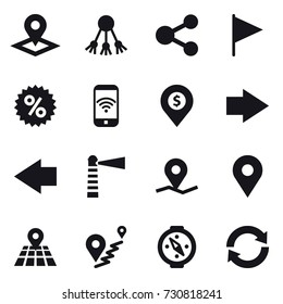 16 vector icon set : pointer, share, flag, percent, phone wireless, dollar pin, right arrow, left arrow, lighthouse, compass, reload