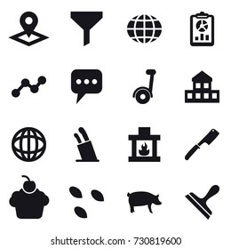 16 vector icon set : pointer, funnel, globe, report, graph, message, segway, cottage, stands for knives, fireplace, chef knife, seeds, pig, scraper