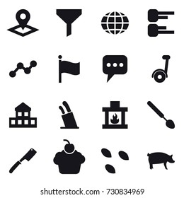 16 vector icon set : pointer, funnel, globe, diagram, graph, flag, message, segway, cottage, stands for knives, fireplace, big spoon, chef knife, seeds, pig