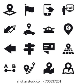 16 vector icon set : pointer, flag, touch, presentation, up down arrow, car pointer, scales, dollar pin, left arrow, singlepost, map