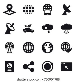 16 vector icon set : pointer, globe, notebook globe, satellite antenna, eco car, cloude service, cloud wireless, antenna, passport