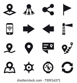 16 vector icon set : pointer, share, flag, phone wireless, right arrow, left arrow, lighthouse, map, handwheel, compass, reload