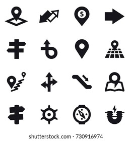 16 vector icon set : pointer, up down arrow, dollar pin, right arrow, singlepost, escalator, map, signpost, handwheel, compass