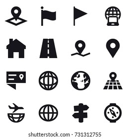 16 vector icon set : pointer, flag, notebook globe, home, globe, signpost, compass