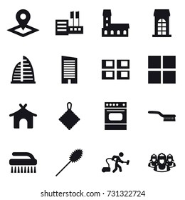 16 vector icon set : pointer, store, mansion, building, skyscraper, panel house, window, bungalow, rag, brush, duster, vacuum cleaner, outsource