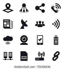 16 vector icon set : pointer, share, call, newspaper, satellite antenna, group, wireless, cloud wireless, web cam, mobile checking, remote control