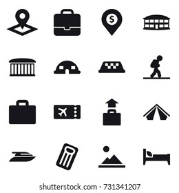 16 vector icon set : pointer, portfolio, dollar pin, airport building, dome house, taxi, tourist, suitcase iocn, ticket, baggage, tent, yacht, inflatable mattress, landscape, bed