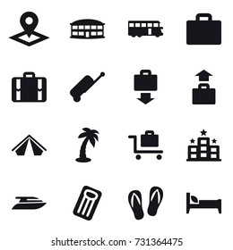 16 vector icon set : pointer, airport building, bus, suitcase iocn, suitcase, baggage get, baggage, tent, palm, baggage trolley, hotel, yacht, inflatable mattress, flip-flops, bed