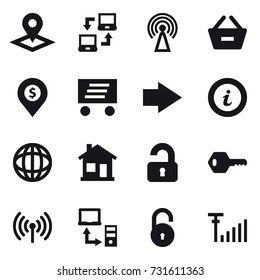 16 vector icon set : pointer, notebook connect, antenna, remove from basket, dollar pin, delivery, right arrow, info, home, unlocked, key, wireless
