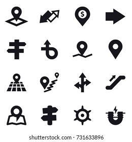 16 vector icon set : pointer, up down arrow, dollar pin, right arrow, singlepost, escalator, map, signpost, handwheel