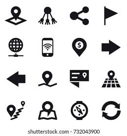 16 vector icon set : pointer, share, flag, globe connect, phone wireless, dollar pin, right arrow, left arrow, map, compass, reload
