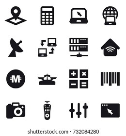 16 vector icon set : pointer, calculator, notebook, notebook globe, satellite antenna, notebook connect, server, wireless home, crypto currency, scales, camera