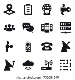 16 vector icon set : pointer, clipboard, notebook globe, satellite, group, discussion, server, remote control, phone
