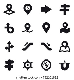 16 vector icon set : pointer, dollar pin, right arrow, singlepost, escalator, map, signpost, handwheel, compass