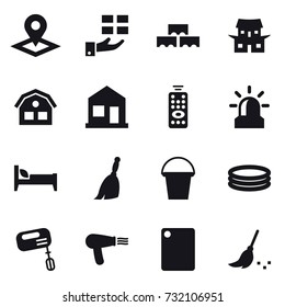 16 vector icon set : pointer, gift, block wall, japanese house, house, home, remote control, alarm, bed, broom, bucket, inflatable pool, mixer, hair dryer, cutting board