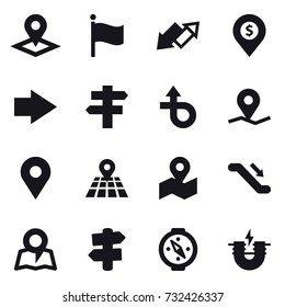 16 vector icon set : pointer, flag, up down arrow, dollar pin, right arrow, single post, escalator, map, signpost, compass
