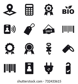 16 vector icon set : pointer, calculator, medal, bio, pass card, label, sale, barcode, identity card, please clean