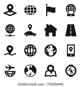 16 vector icon set : pointer, globe, flag, notebook globe, globe connect, car pointer, home, earth, map, compass