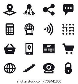 16 vector icon set : pointer, share, message, calculator, notebook globe, wireless, chip, remove from basket, globe, stairs