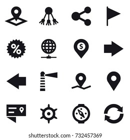 16 vector icon set : pointer, share, flag, percent, globe connect, dollar pin, right arrow, left arrow, lighthouse, handwheel, compass, reload