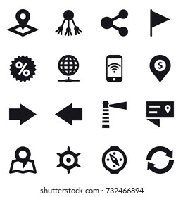 16 vector icon set : pointer, share, flag, percent, globe connect, phone wireless, dollar pin, right arrow, left arrow, lighthouse, map, handwheel, compass, reload