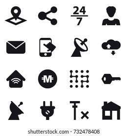 16 vector icon set : pointer, share, 24/7, woman, mail, touch, satellite antenna, cloude service, wireless home, crypto currency, chip, key, house