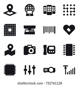 16 vector icon set : pointer, notebook globe, server, chip, cpu, market scales, barcode, camera, intercome