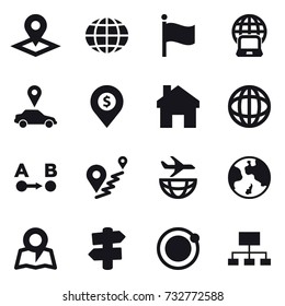 16 vector icon set : pointer, globe, flag, notebook globe, car pointer, dollar pin, home, earth, map, signpost, hierarchy