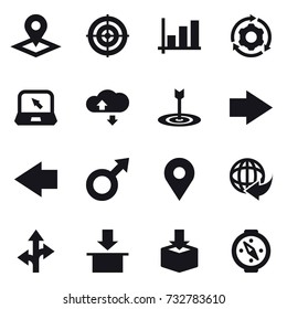 16 vector icon set : pointer, target, graph, around gear, notebook, cloude service, right arrow, left arrow, compass