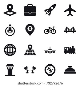 16 vector icon set : pointer, portfolio, rocket, plane, dollar pin, bike, bridge, train, airport tower, palm hammock, compass, service bell
