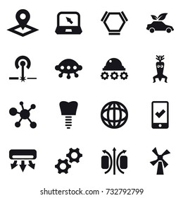 16 vector icon set : pointer, notebook, hex molecule, eco car, laser, ufo, lunar rover, dna modify, mobile checking, air conditioning, windmill