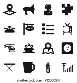 16 vector icon set : pointer, loudspeaker, call center, puzzle, scales, shop signboard, list, tv, flower bed, map, power socket, iron board, cup