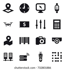 16 vector icon set : pointer, clock, monitor arrow, smartwatch, drone, receipt, equalizer, calculator, camera, surveillance camera