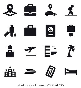 16 vector icon set : pointer, portfolio, car pointer, tourist, passenger, suitcase iocn, passport, baggage get, baggage, departure, hotel, palm, yacht, inflatable mattress, bed