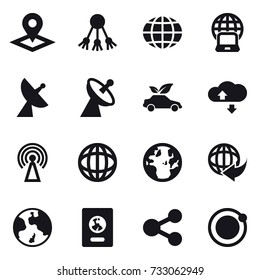 16 vector icon set : pointer, share, globe, notebook globe, satellite antenna, eco car, cloude service, antenna, earth, passport