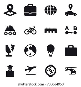 16 vector icon set : pointer, portfolio, globe, car pointer, lunar rover, bike, bridge, earth, air ballon, suitcase iocn, baggage, departure, compass